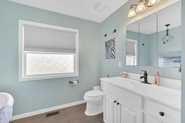 bathroom featuring hardwood / wood-style flooring, vanity, and toilet