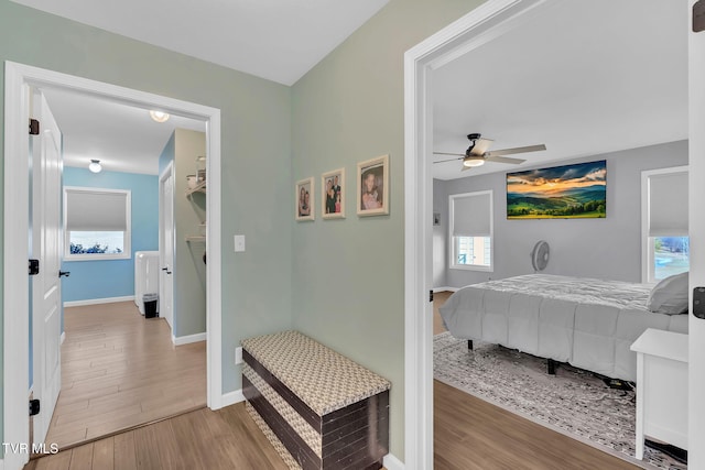 bedroom with light hardwood / wood-style flooring and ceiling fan