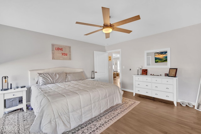 bedroom with ceiling fan and wood-type flooring