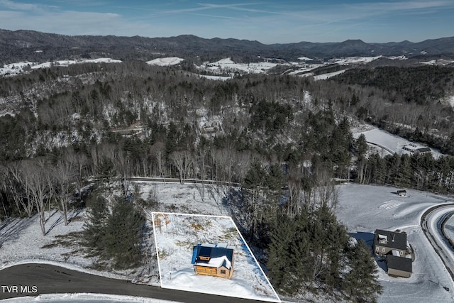 snowy aerial view featuring a mountain view