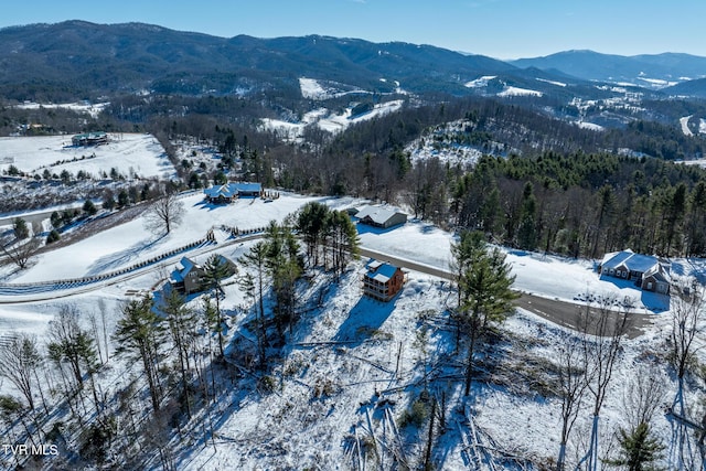 snowy aerial view featuring a mountain view