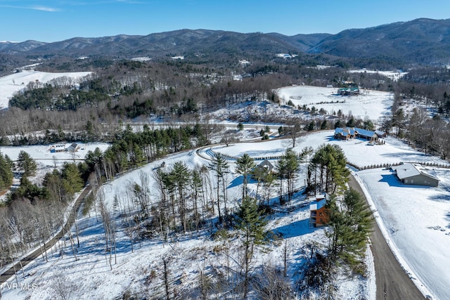 snowy aerial view with a mountain view