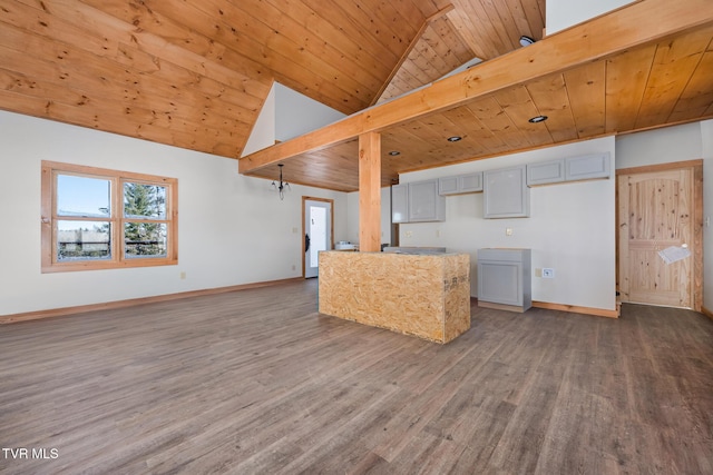 kitchen with wood ceiling, dark wood-type flooring, gray cabinets, high vaulted ceiling, and beamed ceiling