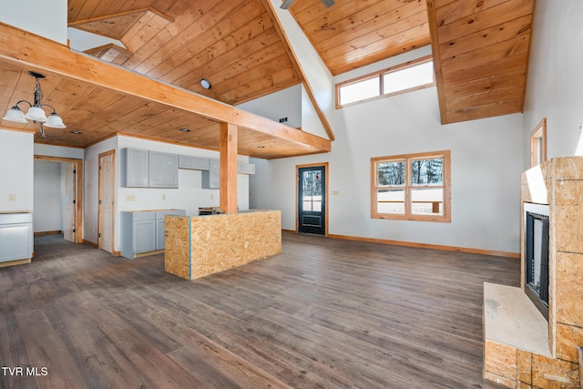 unfurnished living room with beamed ceiling, a chandelier, a high ceiling, wood ceiling, and dark wood-type flooring