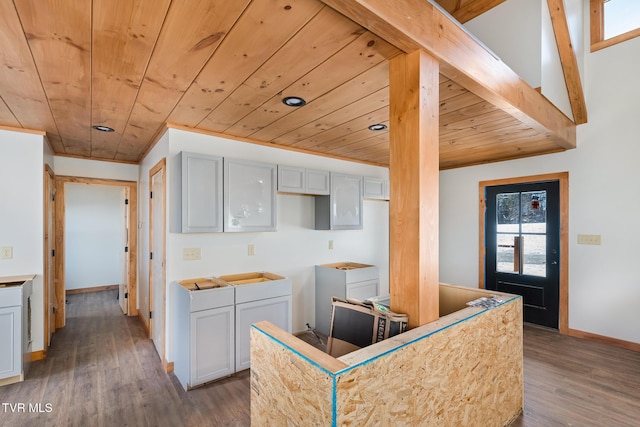 kitchen featuring hardwood / wood-style floors and wooden ceiling