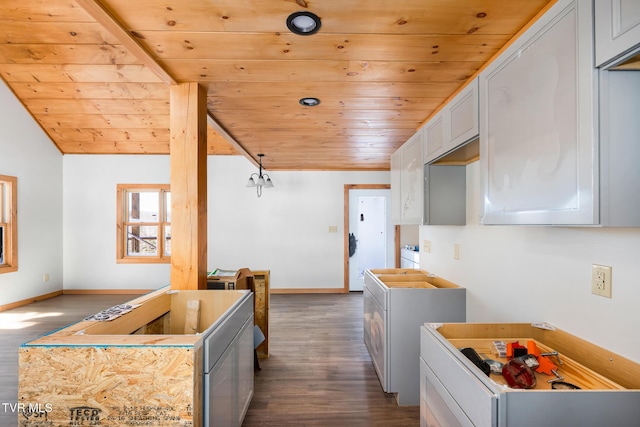 kitchen with lofted ceiling, hardwood / wood-style floors, wooden ceiling, and white cabinets