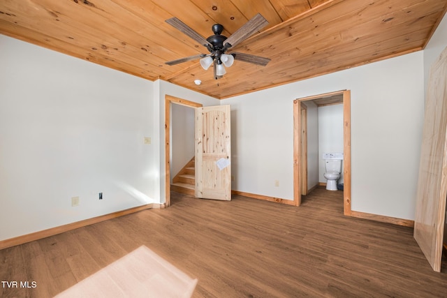 unfurnished bedroom with wood ceiling, ensuite bath, dark hardwood / wood-style flooring, and ceiling fan