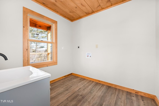 laundry room featuring sink, hardwood / wood-style flooring, hookup for a washing machine, hookup for an electric dryer, and wooden ceiling