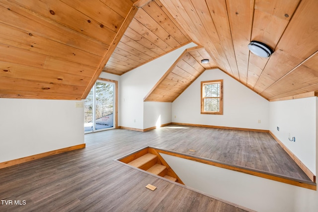 bonus room with hardwood / wood-style flooring, lofted ceiling, and wooden ceiling