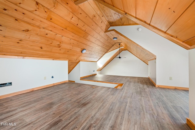 bonus room featuring wood ceiling, wood-type flooring, and vaulted ceiling