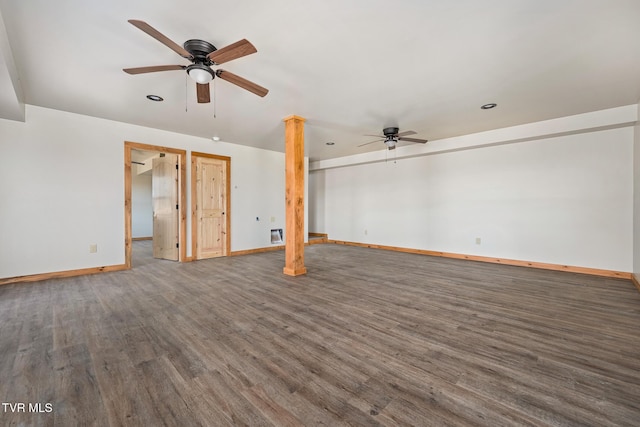 interior space with dark hardwood / wood-style floors and ceiling fan