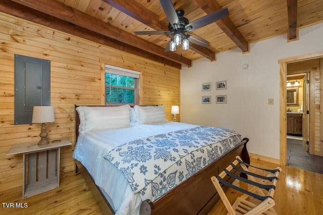 bedroom featuring wooden walls, electric panel, wooden ceiling, beamed ceiling, and light wood-type flooring