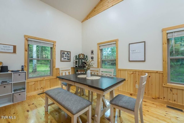 dining area with wood walls, light hardwood / wood-style flooring, and a wealth of natural light