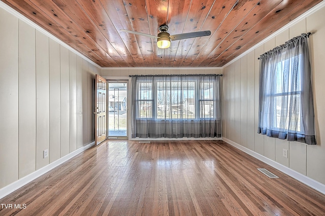 spare room with wood-type flooring, a wealth of natural light, and wood ceiling