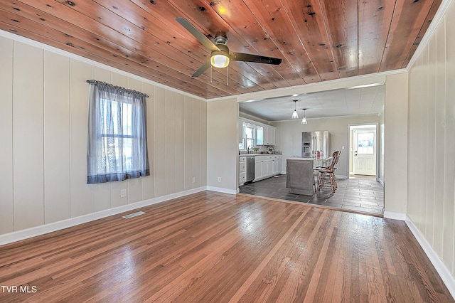 unfurnished living room with wood ceiling, ceiling fan, a wealth of natural light, and dark hardwood / wood-style floors