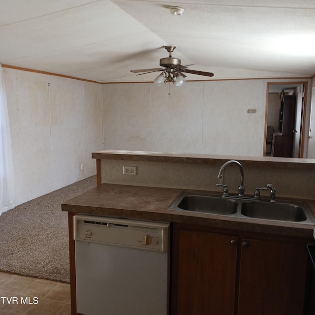 kitchen featuring dishwasher, sink, light carpet, and ceiling fan