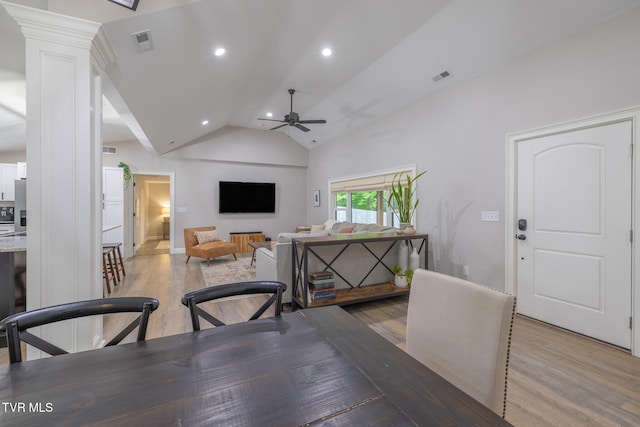 2912 W Walnut St, Johnson City, TN 37604 - dining area featuring visible vents, wood finished floors, a ceiling fan, and lofted ceiling