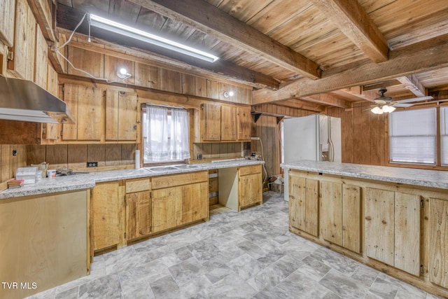 kitchen with white refrigerator with ice dispenser, wooden ceiling, beam ceiling, and wood walls