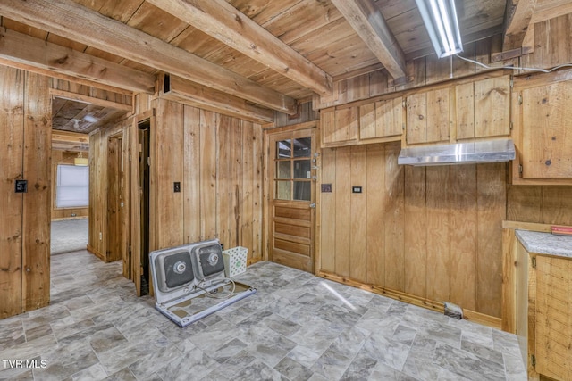 interior space featuring wooden ceiling and wood walls