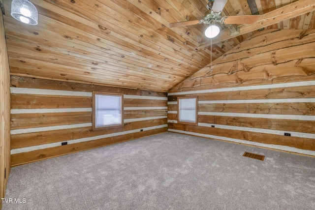 bonus room with lofted ceiling, wooden ceiling, carpet, and wood walls