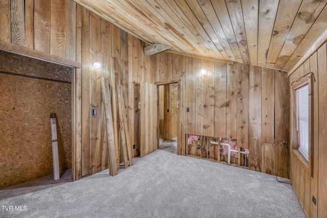 carpeted spare room with wood walls and wooden ceiling