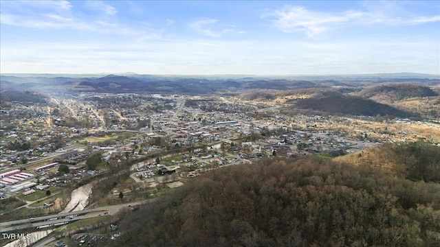 drone / aerial view featuring a mountain view