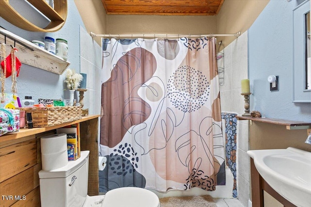 full bath featuring shower / tub combo, wooden ceiling, a sink, and toilet