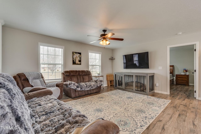 living room with light hardwood / wood-style flooring and ceiling fan