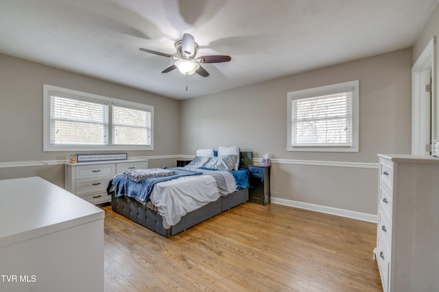 bedroom with multiple windows, light wood-type flooring, and ceiling fan