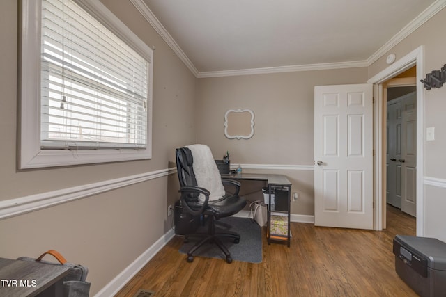 office featuring crown molding and wood-type flooring