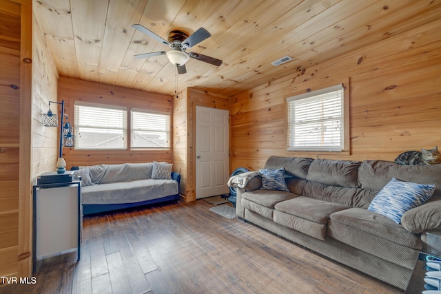 living room with wood ceiling, ceiling fan, dark wood-type flooring, and wood walls