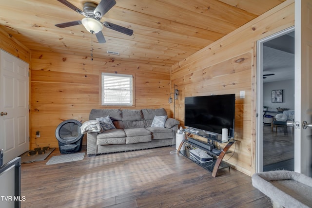 living room with hardwood / wood-style floors, wooden ceiling, ceiling fan, and wood walls