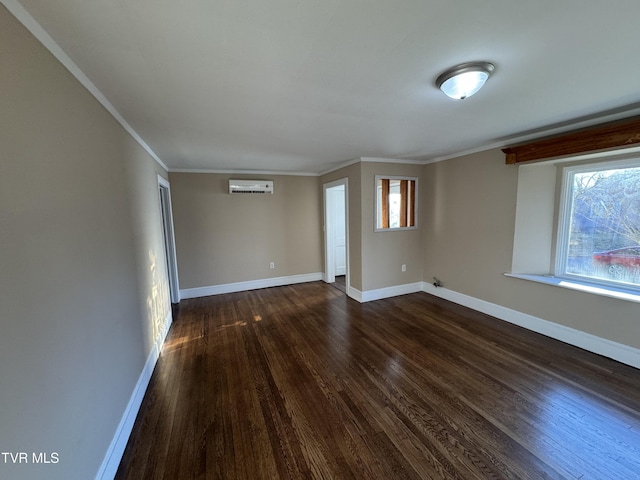 unfurnished room featuring dark hardwood / wood-style flooring, a wealth of natural light, ornamental molding, and a wall mounted AC