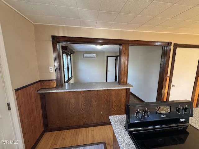 kitchen with hardwood / wood-style flooring, wooden walls, and stove