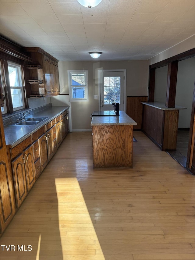 kitchen with sink, light hardwood / wood-style flooring, a healthy amount of sunlight, and a kitchen island