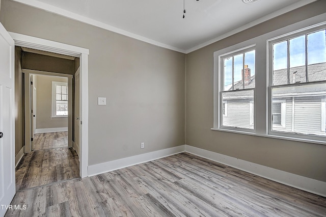 spare room featuring light hardwood / wood-style flooring and ornamental molding