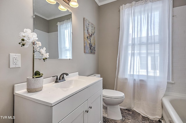 full bathroom featuring crown molding, washtub / shower combination, vanity, and toilet