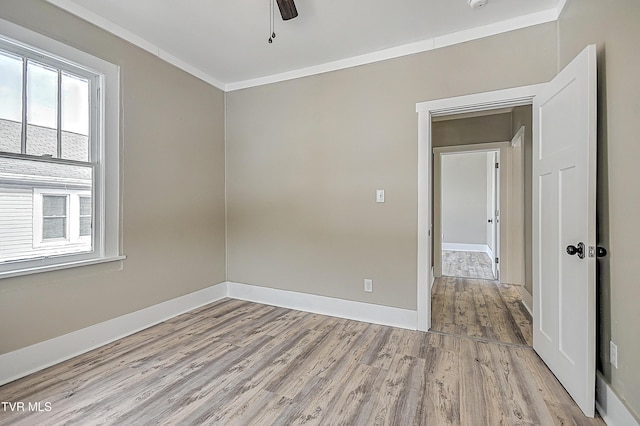 empty room featuring ornamental molding, ceiling fan, and light wood-type flooring