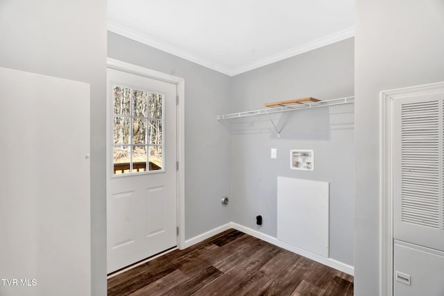 clothes washing area with dark wood-type flooring, washer hookup, crown molding, and electric dryer hookup