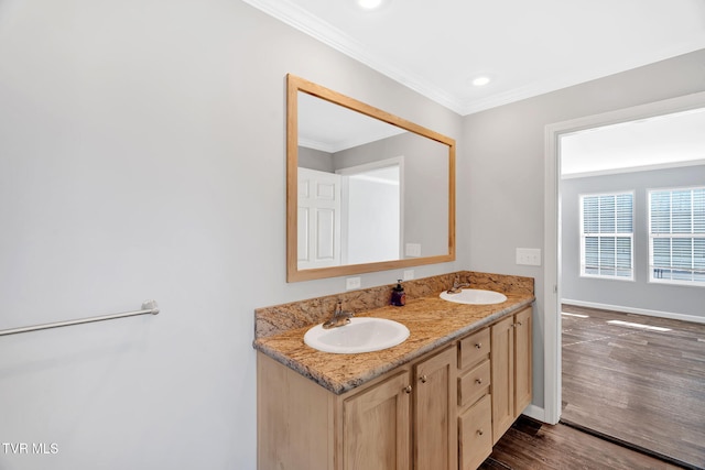 bathroom with vanity, wood-type flooring, and ornamental molding