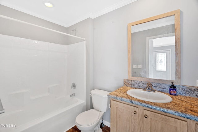 full bathroom with shower / bath combination, vanity, crown molding, and toilet