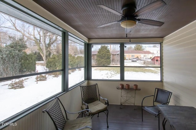 sunroom featuring ceiling fan