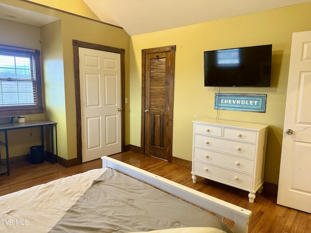 bedroom with lofted ceiling, dark hardwood / wood-style floors, and a closet