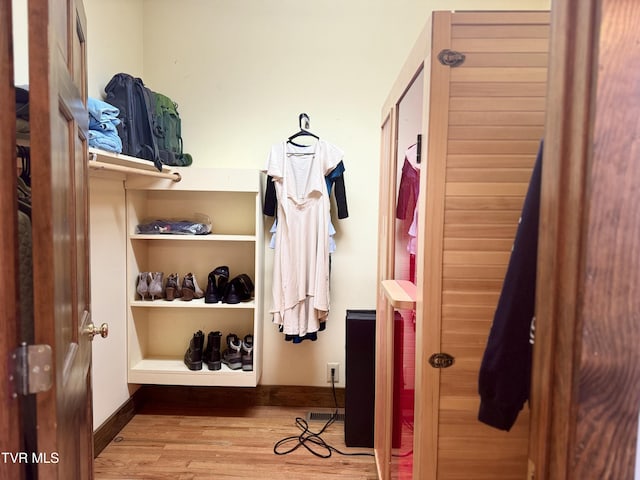 walk in closet with hardwood / wood-style floors