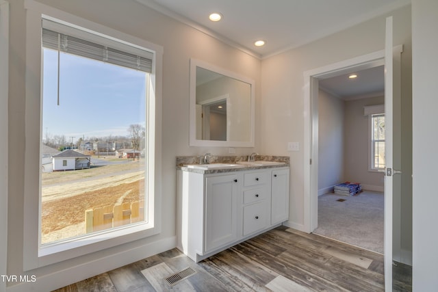 bathroom with vanity, hardwood / wood-style floors, and ornamental molding