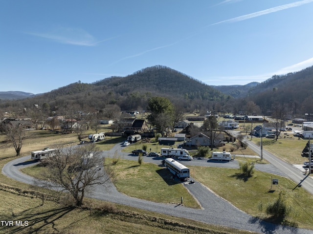 birds eye view of property featuring a mountain view