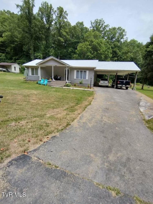 ranch-style home with a porch and a front lawn