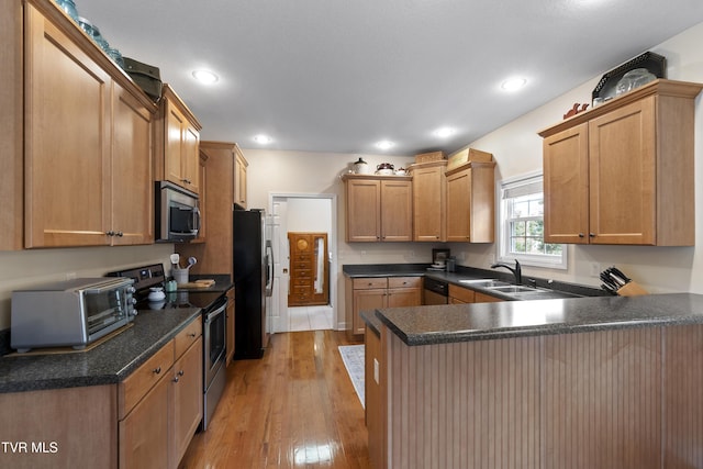 kitchen with appliances with stainless steel finishes, light hardwood / wood-style floors, sink, and kitchen peninsula