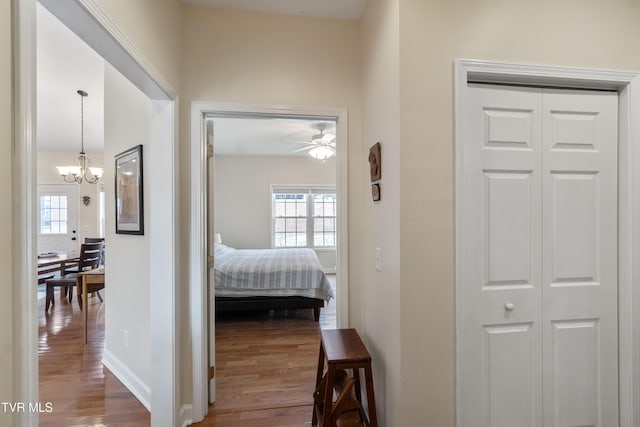 corridor featuring plenty of natural light, hardwood / wood-style floors, and a notable chandelier