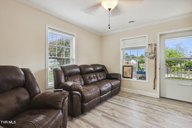 living room with crown molding, light hardwood / wood-style floors, and a healthy amount of sunlight